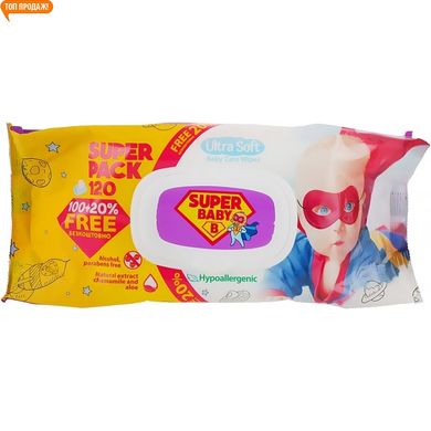 Влажные салфетки детские Super Baby SuperPack Ромашка и алоэ с клапаном 120 шт.