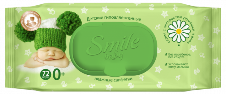 Дитячі вологі серветки Smile Baby з екстрактом ромашки, алое і вітамінним комплексом з клапаном 72 шт.