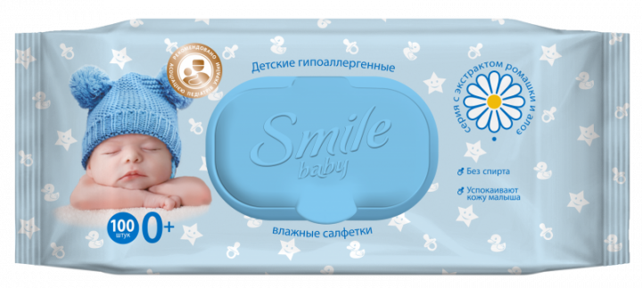 Дитячі вологі серветки Smile Baby з екстрактом ромашки, алое і вітамінним комплексом з клапаном 100 шт.