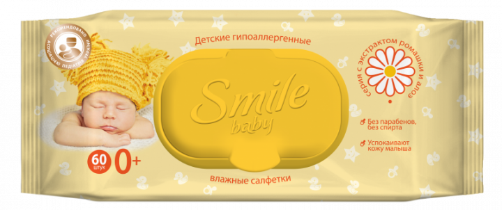 Дитячі вологі серветки Smile Baby з екстрактом ромашки, алое і вітамінним комплексом з клапаном 60 шт.